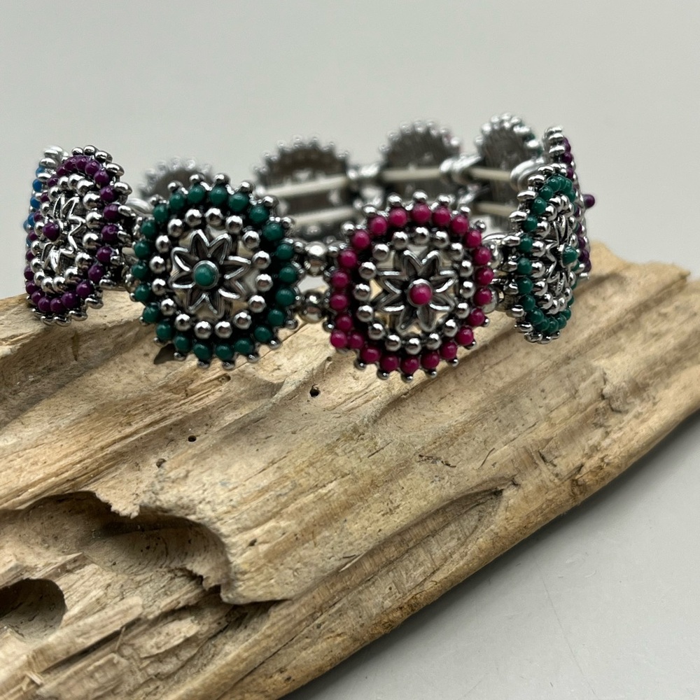 Silver Stretchy Bracelet with Purple and Green Accents